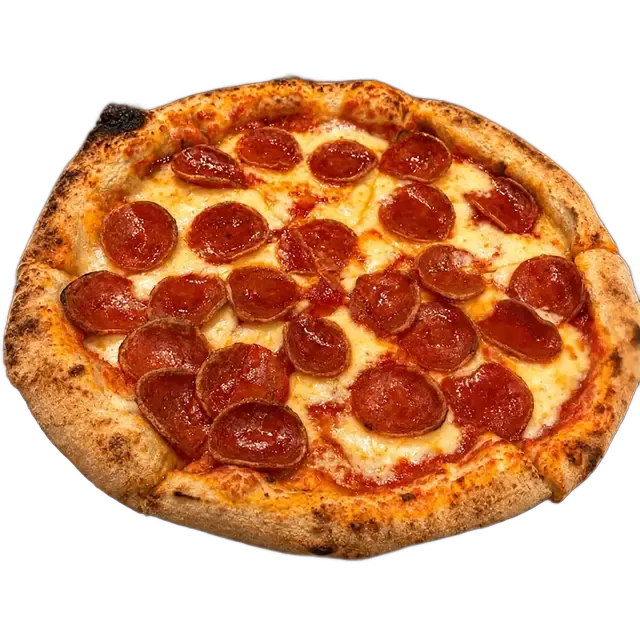 Pizza dourada com uma fatia que se levanta e estica fios de queijo. Cena ilustrativa.